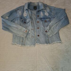 Wild-fable Junior's Distressed cropped retro 80's style denim jacket